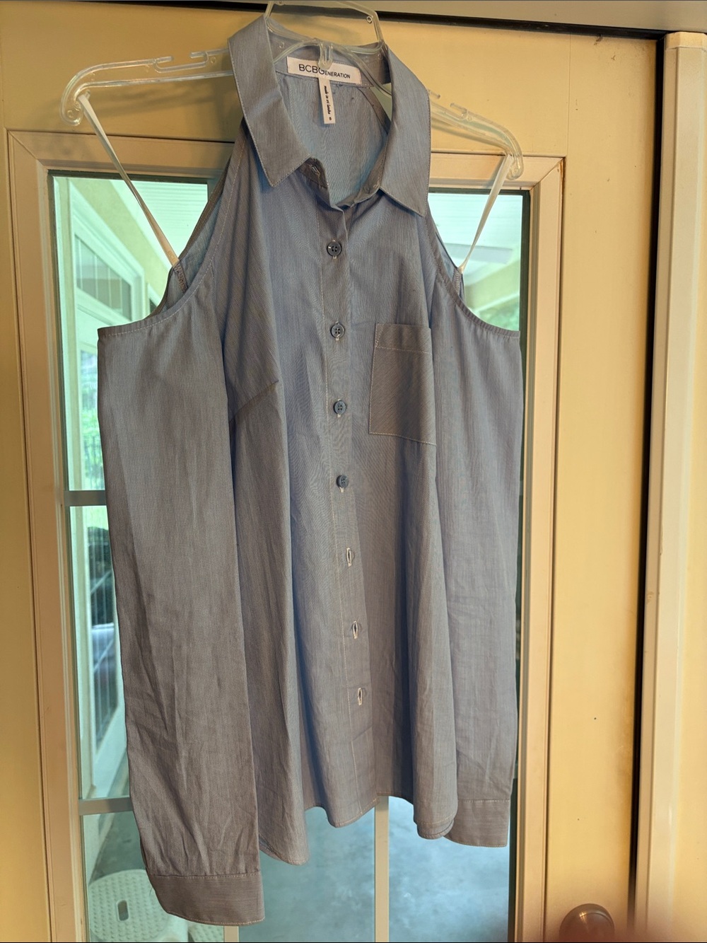 BCBGeneration Women’s Light Blue Cold-Shoulder Button-Up Shirt